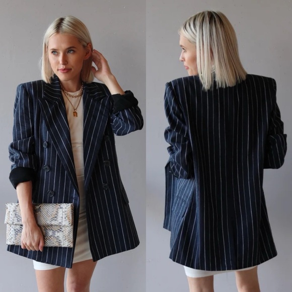 Free People | Ashby Double Breasted Blazer in Navy Pinstripe XS - Picture 9 of 10